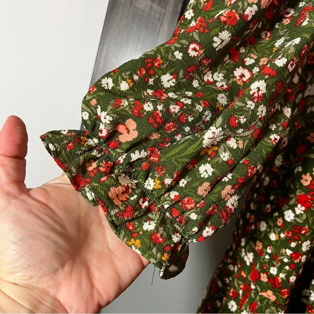 BCBG Olive Green Babydoll Micro Floral Peasant Women's XXL Dress Square Neckline - Picture 3 of 13